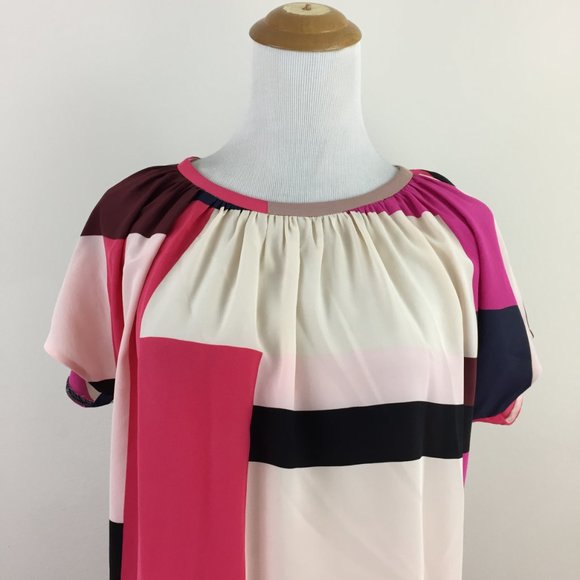 KATE SPADE Multi-Color Colorblock 100% Silk Tie Back Collar Short Sleeve Shirt - Picture 5 of 10